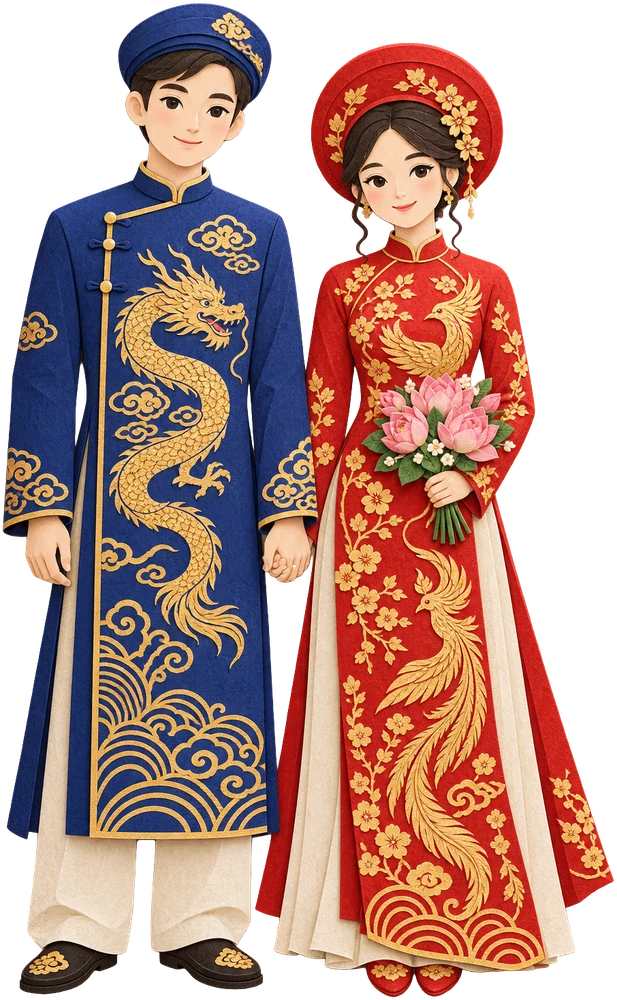 Cô dâu và chú rể trong áo dài
